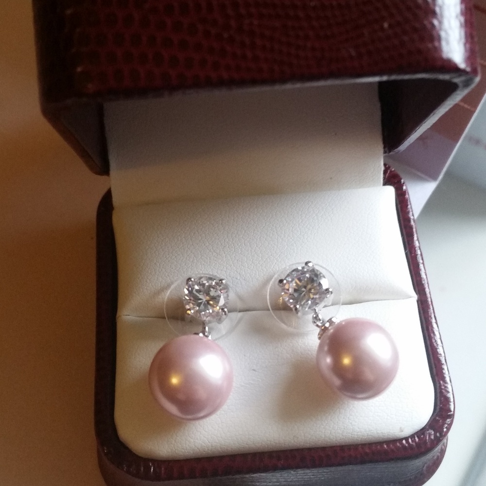 CZ Stud Earrings With Drop Imitation Pink Pearl